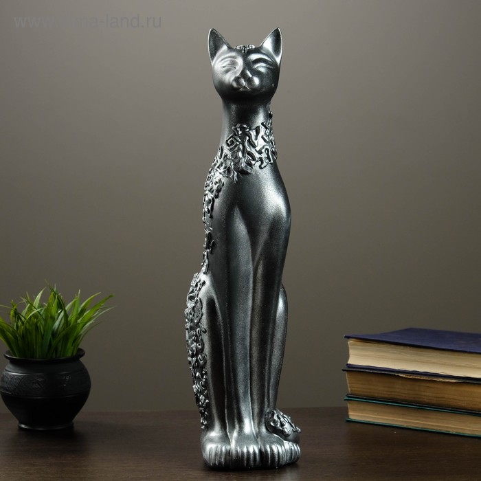 Фигура "Кошка Дарья Египетская" орнамент черн/серебро 14х14х48 см - Фото 1