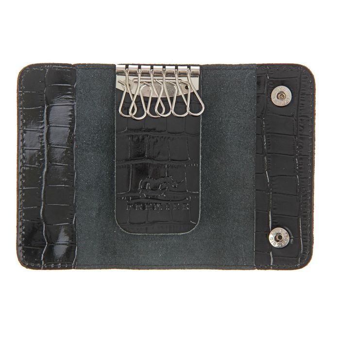 Ключница на кнопке, 6 карабинов, крокодил, цвет чёрный 39859
