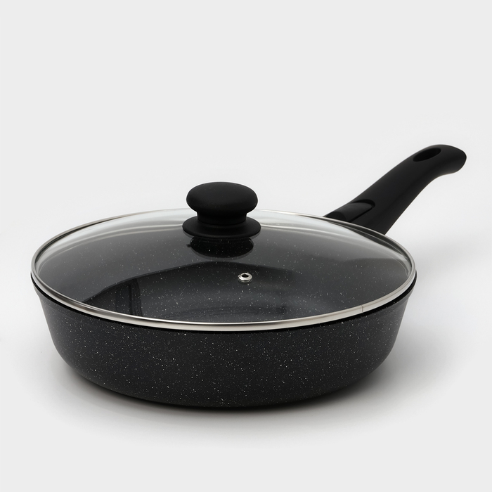 Сковорода Доляна «Элит», d=28 см, пластиковая ручка, стеклянная крышка, антипригарное покрытие, цвет чёрный - Фото 1