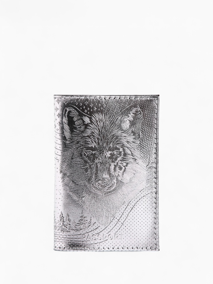 Обложка для паспорта «Волк», натуральная кожа, сплошное тиснение, цвет серебряный