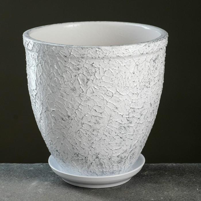 Горшок для цветов «Белое серебро», 2.4 л, d=17 см, h=17.4 см, керамика, с поддоном, белый - Фото 1