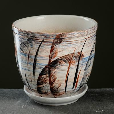 Горшок для цветов «Камыш», керамический, с поддоном, 5 л, белый с рисунком