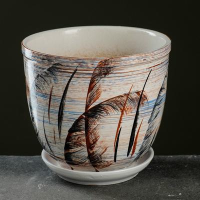 Горшок цветочный с поддоном 1,8л, белый с рисунком керамика, "Камыш" (М)