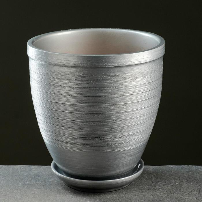 Горшок цветочный с поддоном 2.4 л, серый керамика, «Серебро» (М) - Фото 1
