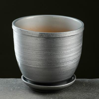 Горшок для цветов «Камыш», 1.5 л, d=15.6 см, h=14.4 см, керамика, с поддоном, серебристый