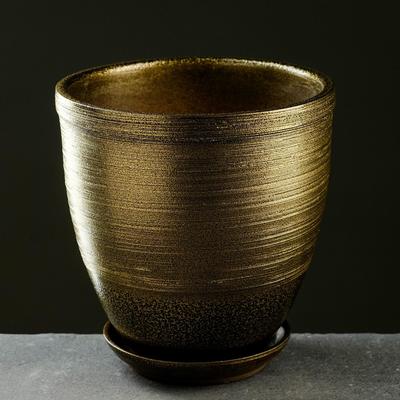 Горшок для цветов «Тёмное золото», керамический, с поддоном, 8 л, коричневый с золотой полосой