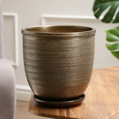 Горшок для цветов «Тёмное золото», керамический, с поддоном, 5 л, коричневый с золотой полосой