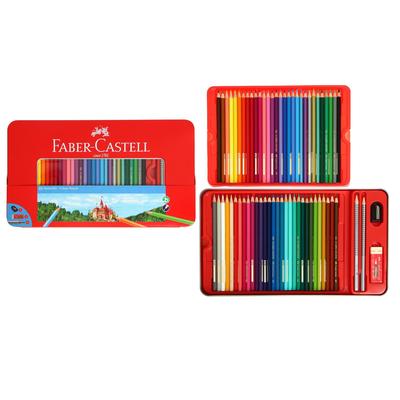 Карандаши 60 цвета Faber-Castell "Замок", шестигранный корпус, 2 чернографитных карандаша , с ластиком и точилкой, в металлическом пенале