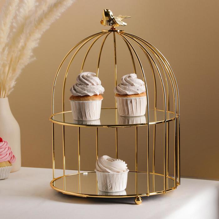 Подставка для десертов 2-х ярусная «Клетка», 26×26×36 см, цвет металла золотой - Фото 1