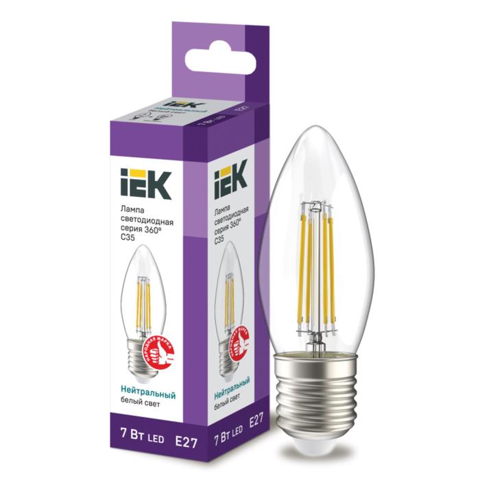Лампа светодиодная IEK LLF, Е27, 7 Вт, 4000 К, 840 Лм, филаментная, свеча