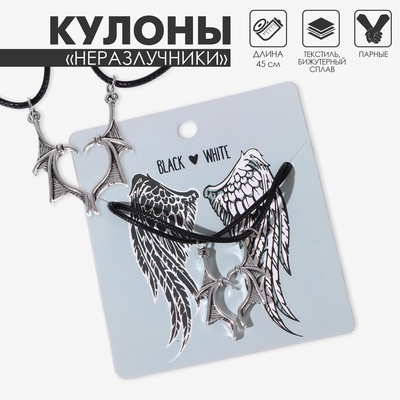 Кулоны парные на шнурке «Сердце с крыльями», 45 см, цвет чёрный в серебре
