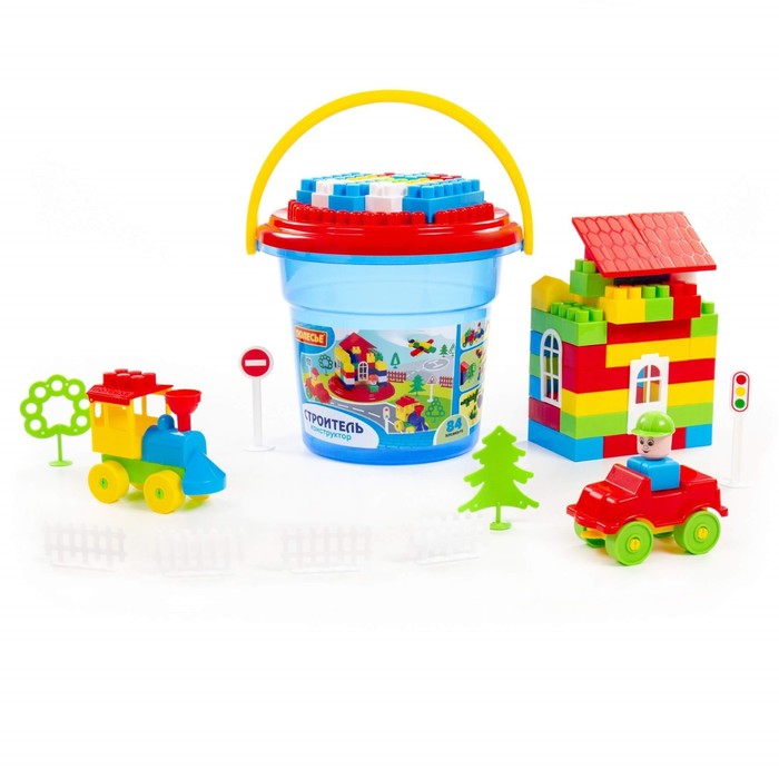 Конструктор «Строитель» 84 эл в ведре с крышкой - Фото 1