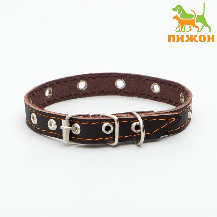 Ошейник кожаный однослойный с рифленными люверсами, безразмерный, 40 х 1,5 см, ОШ 27-35 см, корич700 - Фото 1
