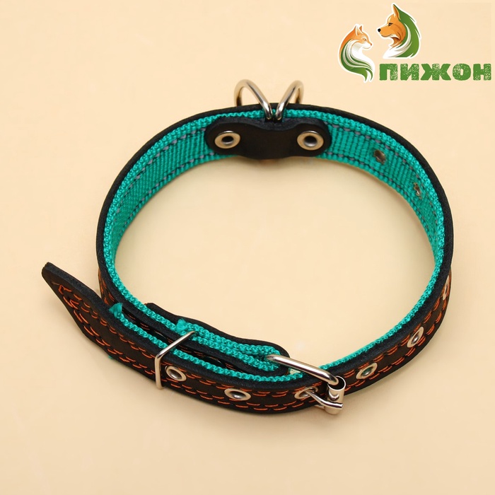 Ошейник кожаный усиленный капроном с полукольцом, 55×2.5 см, ОШ 27-53 см, чёрный - Фото 1