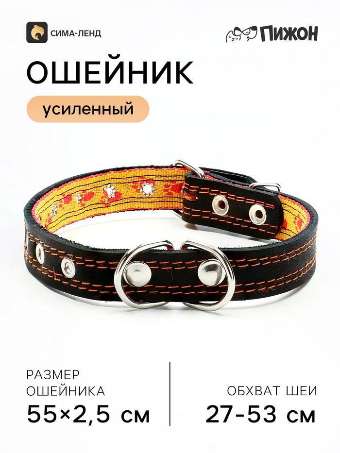 Ошейник кожаный усиленный капроном с полукольцом, 55×2.5 см, ОШ 27-53 см, чёрный - Фото 1