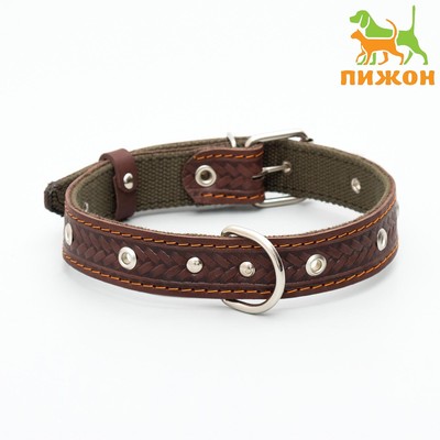 Ошейник комбинированный безразмерный, кожа/брезент, 60×3 см, ОШ 30-57 см, коричневый/зелёный