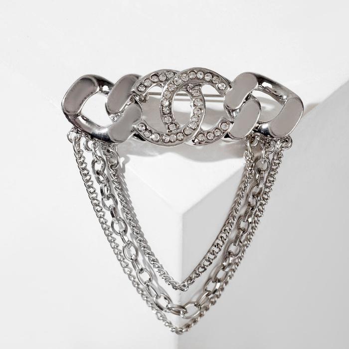 Брошь «Цепочка» крупные звенья, цвет белый в серебре - Фото 1