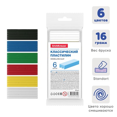 Пластилин ErichKrause Basic light pack, 6 цветов, 96 г, европодвес, в пакете