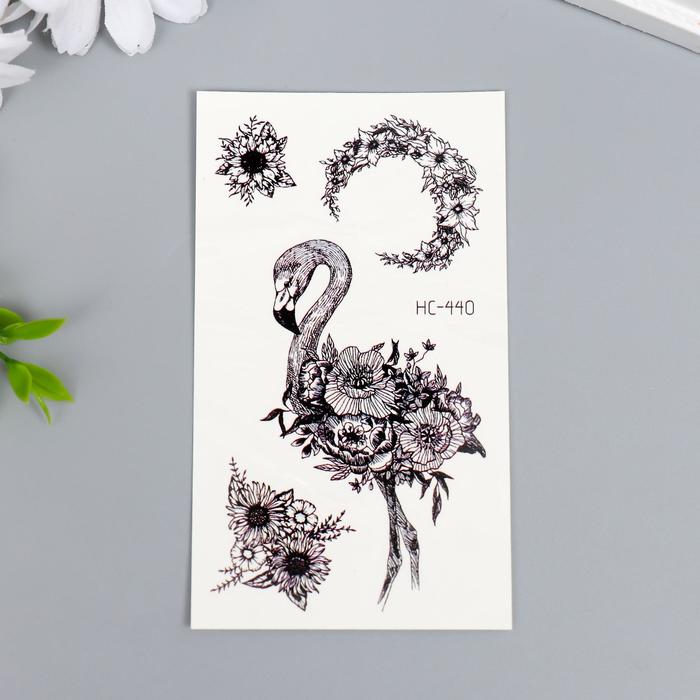 Татуировка на тело чёрная "Фламинго и цветы" 10,5х6 см - Фото 1