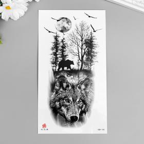 Татуировка на тело чёрная "Волк и смешанный лес" 21х11,5 см