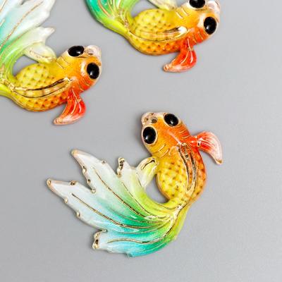 Декор для творчества пластик "Рыбка оранж с зелёно-голубым хвостом" с золотом 2,5х3 см