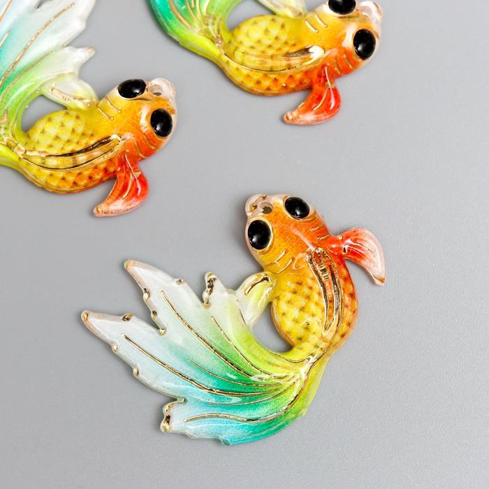 Декор для творчества пластик Рыбка оранж с зелёно-голубым хвостом с золотом 2,5х3 см