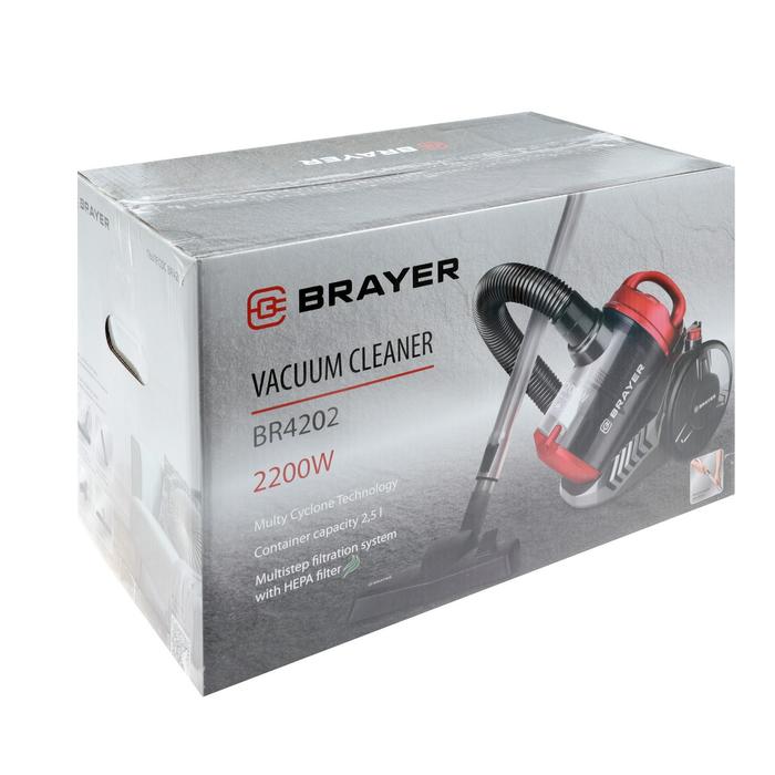 Пылесос BRAYER 4202BR, 2200/420 Вт, 2.5 л, циклон, чёрно-красный - фото 51543854