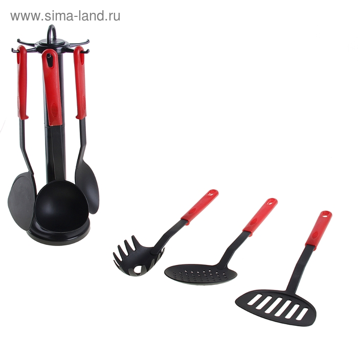 Набор кухонных принадлежностей "Элегант", 6 предметов на подставке, цвет красный - Фото 1