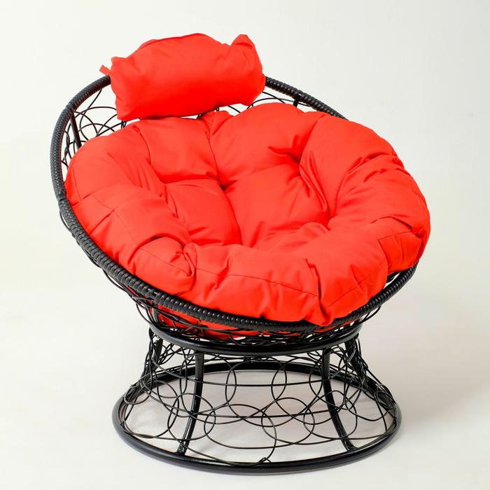 Кресло "Папасан" мини, ротанг, с красной подушкой, черный каркас, 81х68х77см - Фото 1