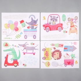 Наклейка пластик интерьерная цветная "Зверята и транспорт" 25х35 см набор 4 листа