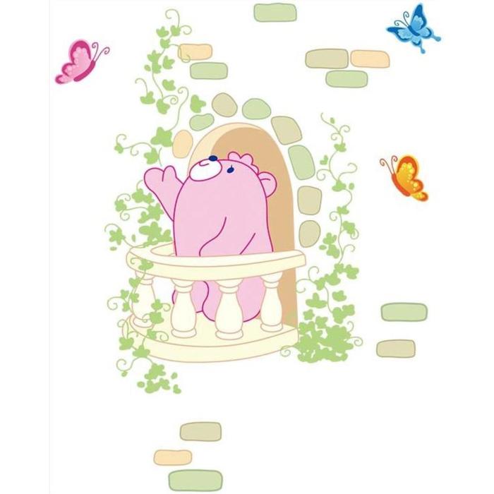 Наклейка пластик интерьерная цветная "Розовый мишка на балконе" 25х38 см - Фото 1