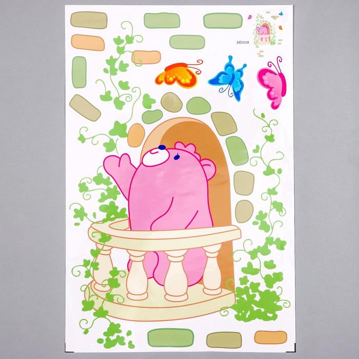 Наклейка пластик интерьерная цветная "Розовый мишка на балконе" 25х38 см - фото 1896974546
