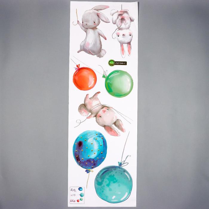 Наклейка пластик интерьерная цветная "Зайчики и воздушные шарики" 30х90 см - фото 1910177543