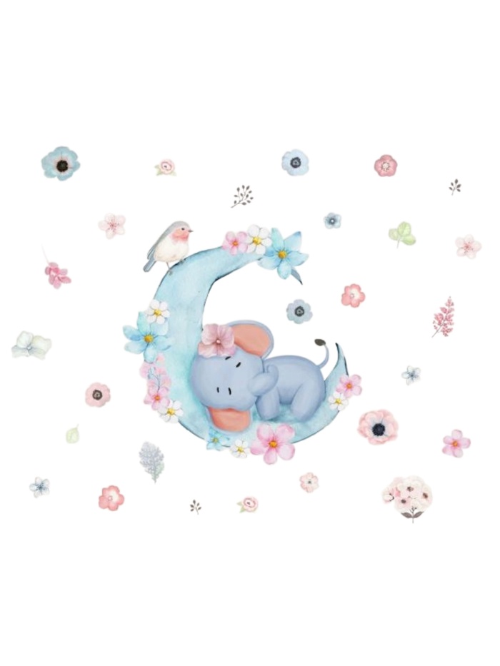 Наклейка интерьерная цветная «Слонёнок на месяце в цветах», 25×35 см, набор 4 листа - Фото 1
