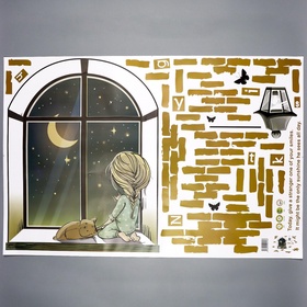 Наклейка пластик интерьерная цветная "Малышка с кошкой на окошке" 60х90 см