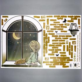 Наклейка пластик интерьерная цветная "Малышка с кошкой на окошке" 60х90 см