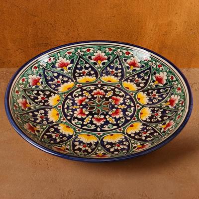 Ляган узбекский Риштанская керамика «Цветы», для плова, d=32 см, синий
