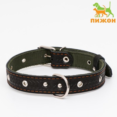 Ошейник комбинированный безразмерный, кожа/брезент, 60×3 см, ОШ 30-57 см, чёрный/зелёный
