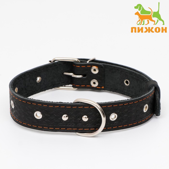 Ошейник кожаный тисненый однослойный, безразмерный, 64 х 3,5 см, ОШ 31-60 см, чёрный - Фото 1