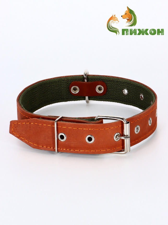 Ошейник комбинированный, безразмерный, 65×3.5 см, ОШ 31-61 см, кожа, брезент, коричневый - Фото 1
