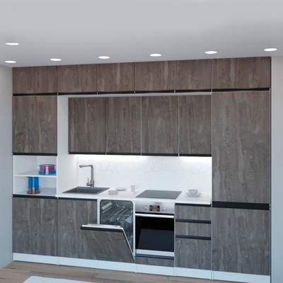 Модульный кухонный гарнитур трёхуровневый «Ноктюрн люкс», 3000×600 мм, цвет бетон тёмный/белый