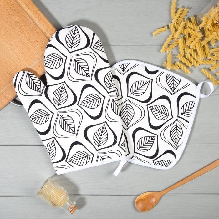 Кухонный набор «Этель» Leaves: варежка-прихватка 20×27 см, прихватка 19×19 см, 100% хлопок - Фото 1