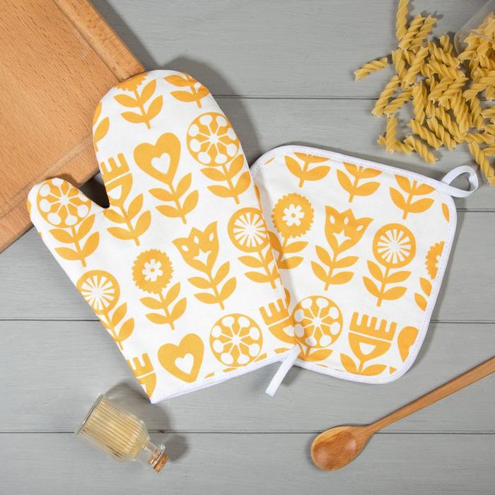 Набор Кухонный Этель «Yellow garden», варежка-прихватка 20×27 см, прихватка 19×19 см, 100% хлопок (МИКС) - Фото 1
