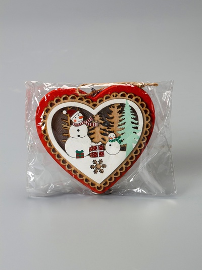 Ёлочная игрушка «Красное сердце со снеговиком», 11.5×10.5×1.5 см, от батареек, свечение тёплое белое