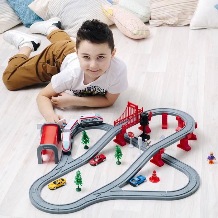 Железная дорога для детей «Мой город», 80 предметов, на батарейках