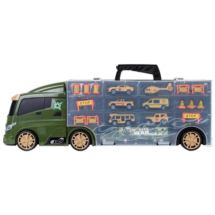 Автовоз кейс Givito «Милитари», с машинками, с тоннелем, цвет зелёный, 59 см - фото 1908709782