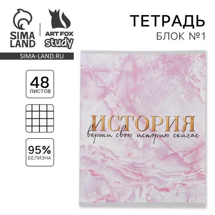 Тетрадь в клетку, предметная, 48 л., на скрепке, А5 «МРАМОР. История»