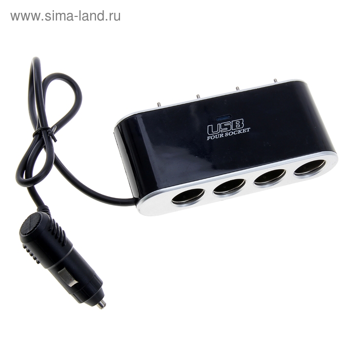 Разветвитель прикуривателя на 4 выхода с индивидуальным питанием, USB 1А, чёрный - Фото 1