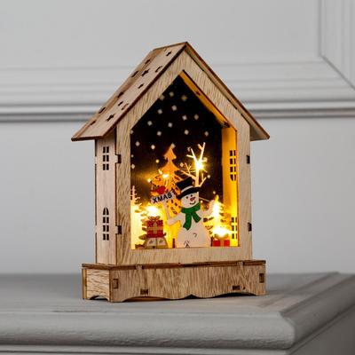 Светодиодная фигура «Дом со снеговиком» 12×17×4 см, дерево, батарейки АААх2 (не в комплекте), свечение тёплое белое