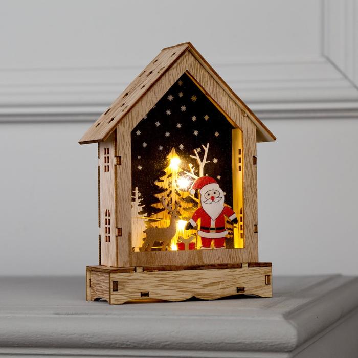 Светодиодная фигура «Дом с Дедом Морозом» 12 × 17 × 4 см, дерево, батарейки АААх2 (не в комплекте), свечение тёплое белое - фото 1907252164